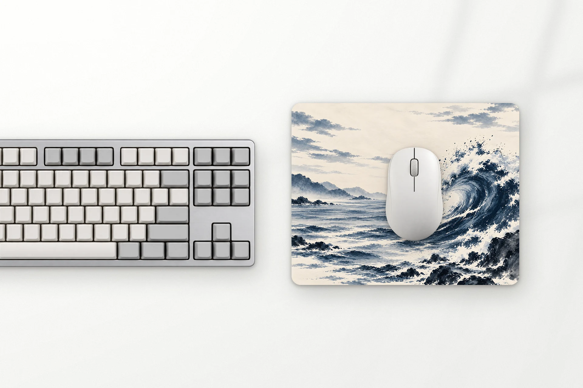 Tide M mouse pad next to the keyboard, from above